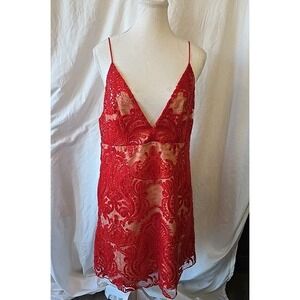 NWT Free People Night Shimmers Lace Sequin Dress Red Sz 10‎ Romantic Deep V-neck